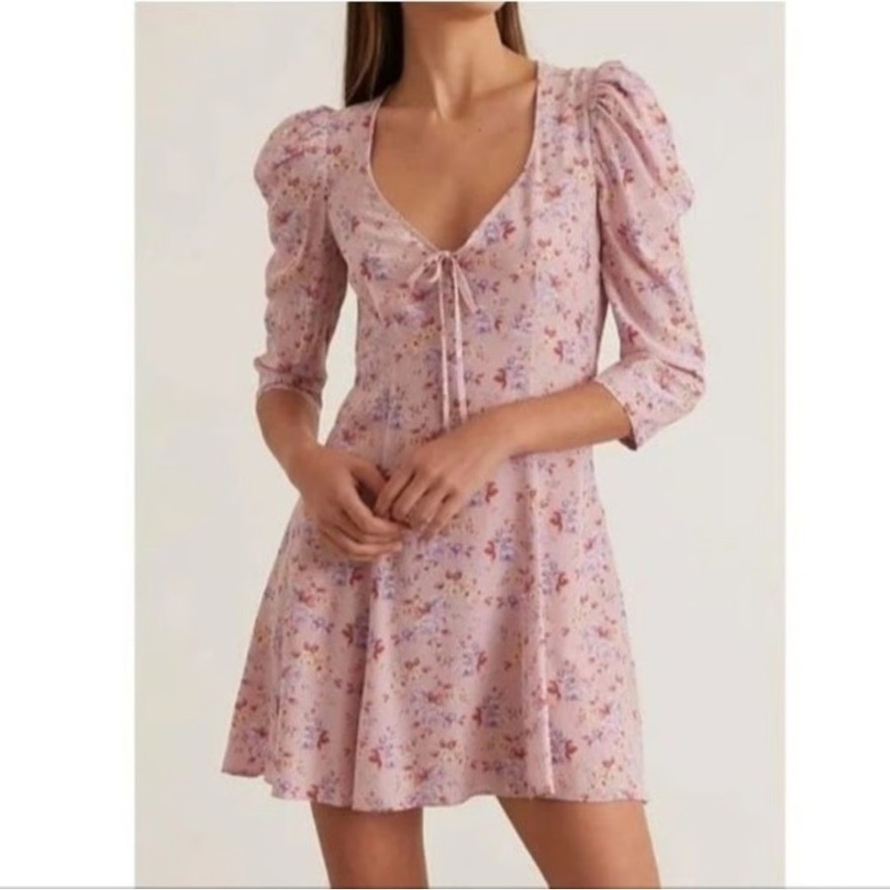LoveShackFancy LSF 100% Silk Juree Floral Pink Purple Puff Sleeves Mini Dress 4